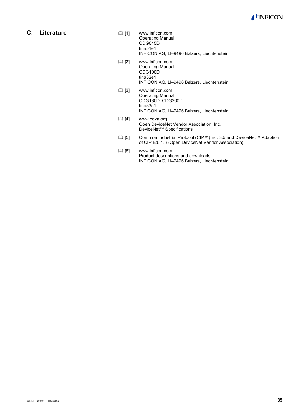 C: literature | INFICON SKY CDGxxxD (DeviceNet) User Manual | Page 35 / 36