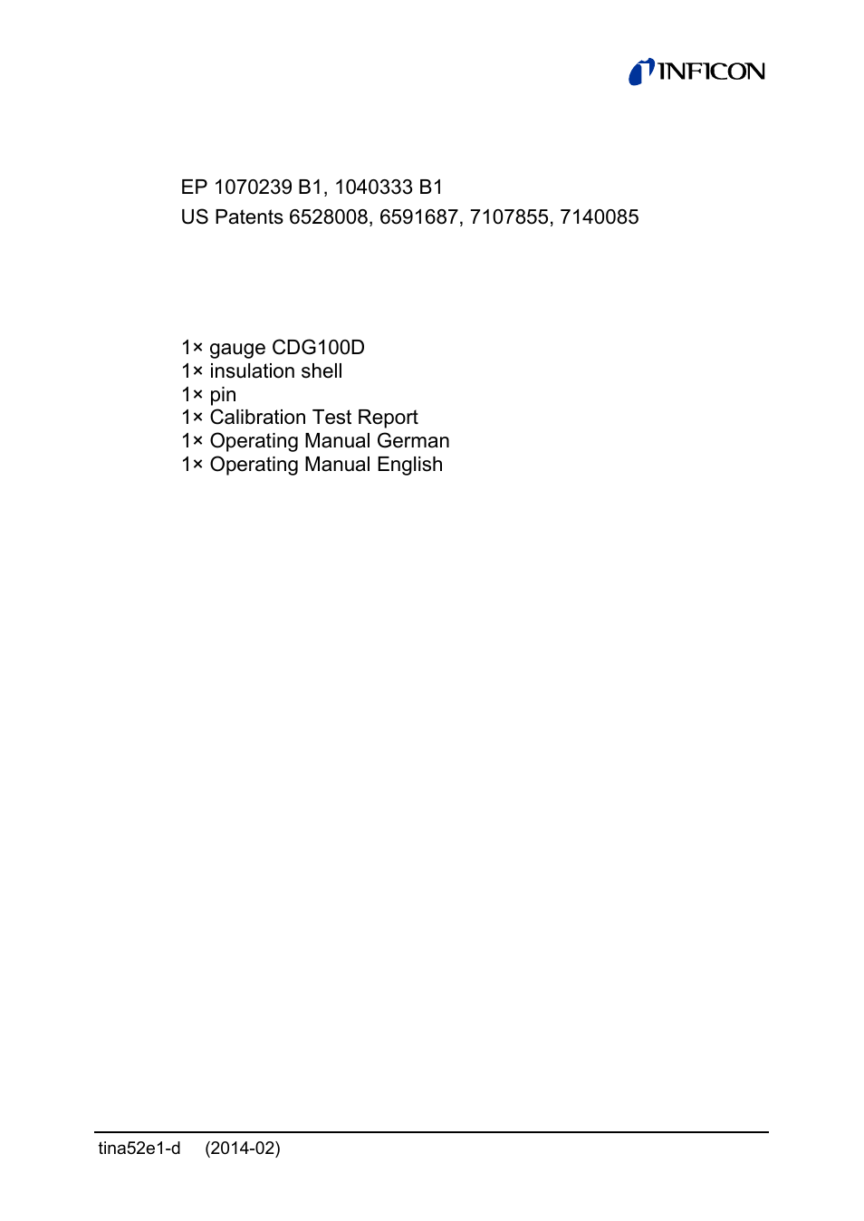 Patents, Scope of delivery | INFICON SKY CDG100D 0.1 ... 1000 Torr / mbar User Manual | Page 5 / 44