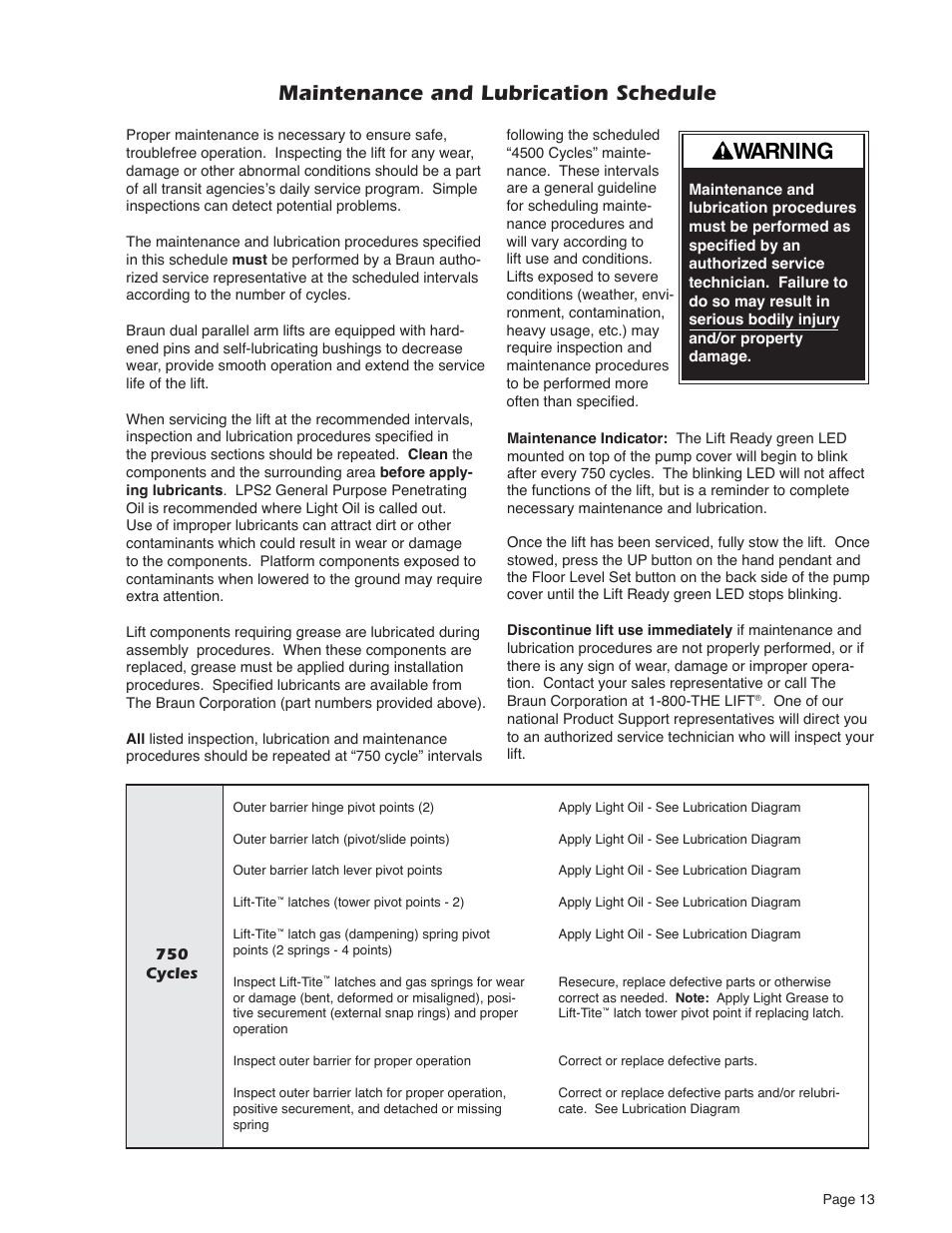 Warning, Maintenance and lubrication schedule | Braun Millennium Series 05 User Manual | Page 15 / 32