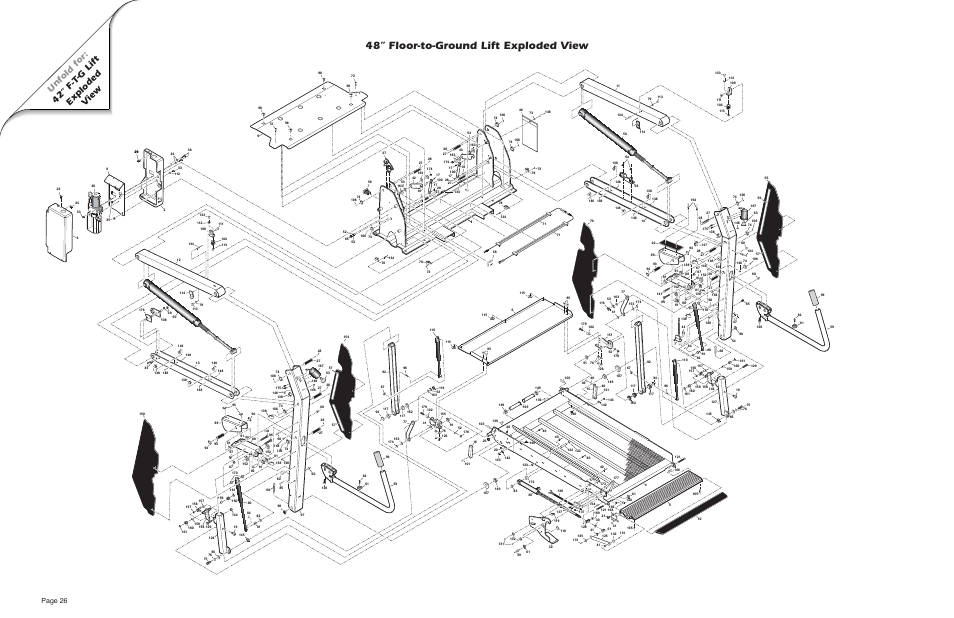 48” floor-to-ground lift exploded view, Unfold for: 42” f-t -g lift exploded v iew, Page 26 | Braun Millennium Series 05 User Manual | Page 28 / 32