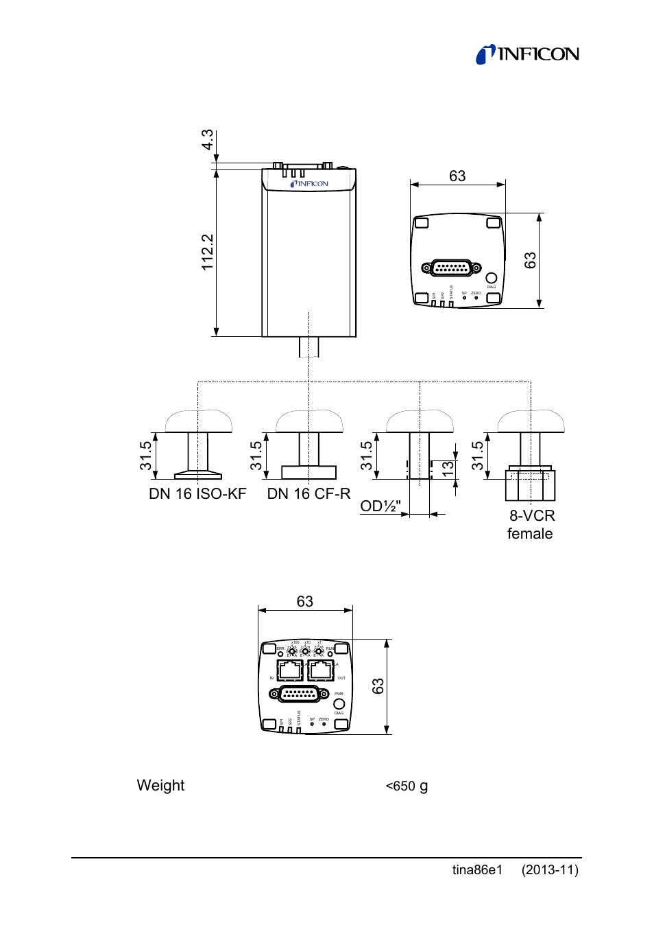 Dimensions [mm, Ethercat, Weight | INFICON Edge CDG045D2 1 … 1000Torr / mbar User Manual | Page 14 / 44