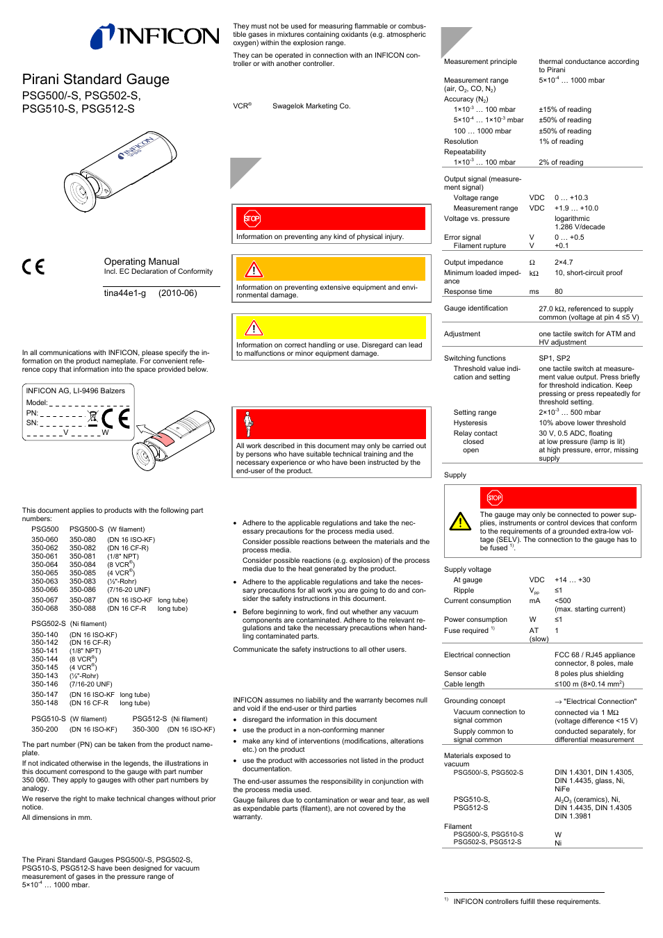 INFICON PSG512-S Pirani Standard Gauge User Manual | 4 pages