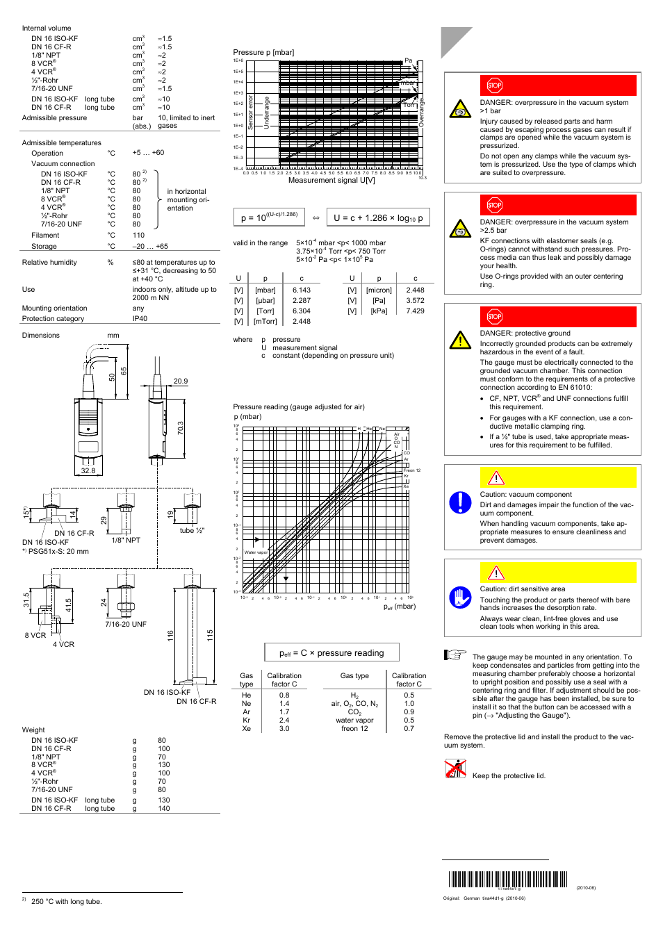 Installation, Measurement signal vs. pressure, Gas type dependence | Vacuum connection, P = 10, U = c + 1.286 × log, C × pressure reading | INFICON PSG512-S Pirani Standard Gauge User Manual | Page 2 / 4