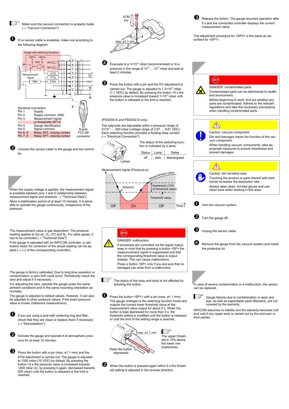 Operation, Deinstallation, Maintenance, repair | Electrical connection, Gas type dependence, Adjusting the gauge, Switching functions | INFICON PSG512-S Pirani Standard Gauge User Manual | Page 3 / 4