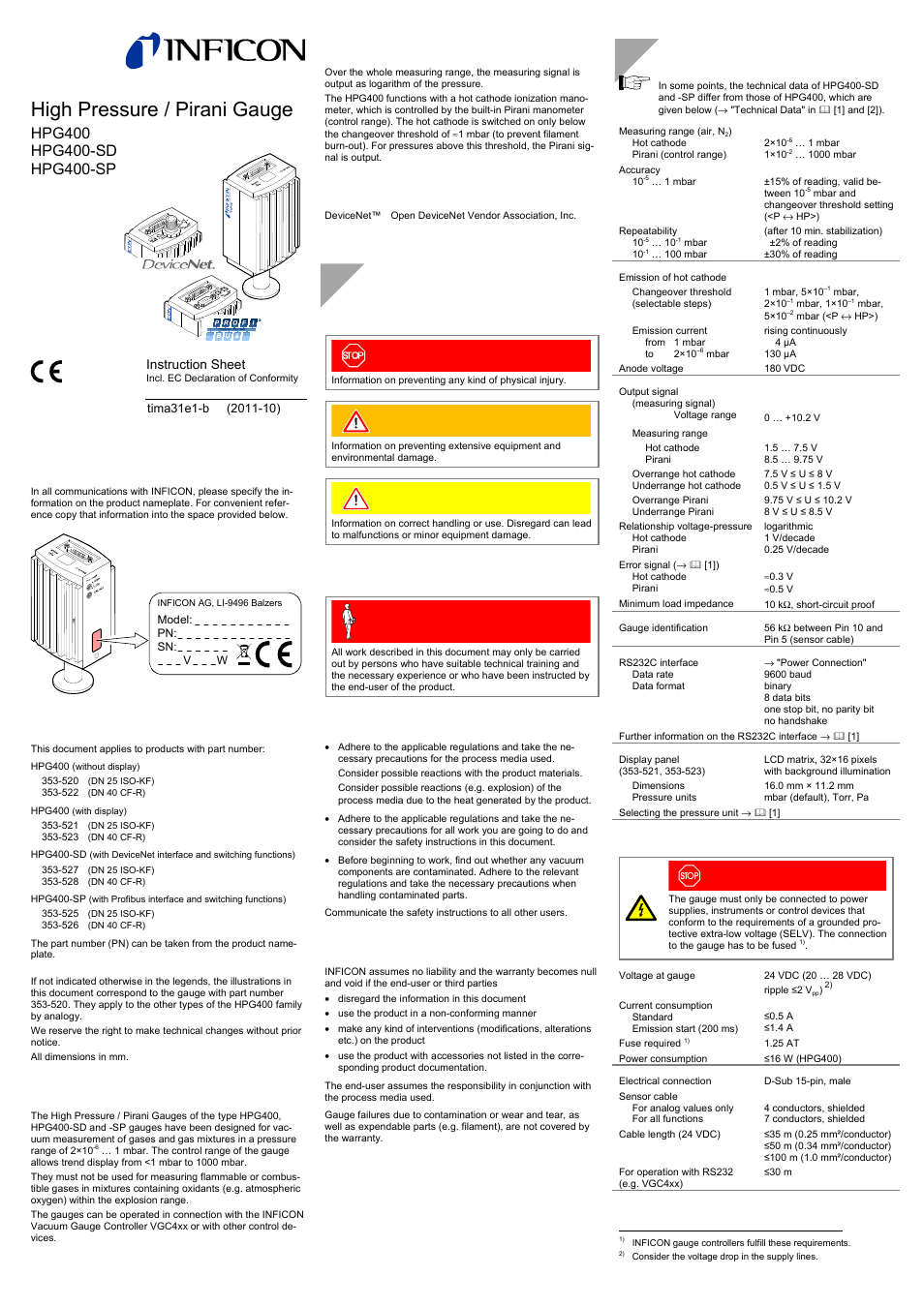 INFICON HPG400 ATM to High-Vacuum Gauge User Manual | 4 pages