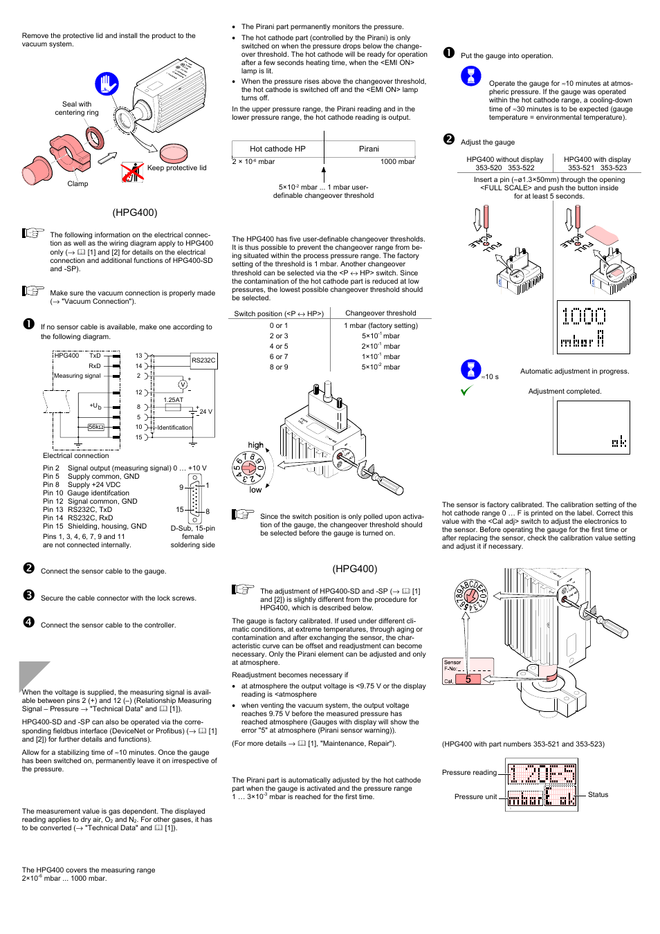 Operation, Power connection (hpg400), Gas type dependence | Measuring range, Selecting the changeover threshold, Adjusting the gauge (hpg400), Display | INFICON HPG400 ATM to High-Vacuum Gauge User Manual | Page 3 / 4