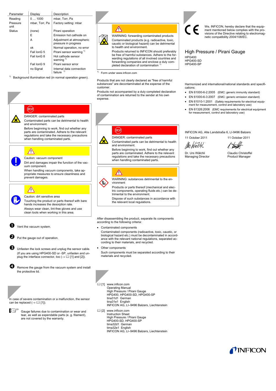 Deinstallation, Maintenance, repair, Returning the product | Disposal, Further information, Ec declaration of conformity, High pressure / pirani gauge | INFICON HPG400 ATM to High-Vacuum Gauge User Manual | Page 4 / 4