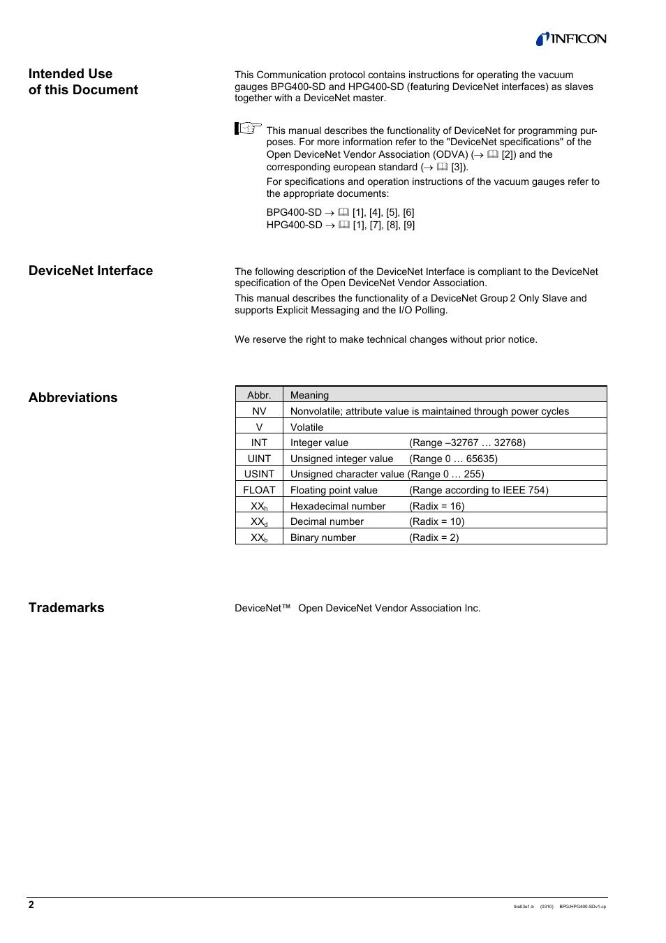 INFICON HPG400-SD ATM to High-Vacuum Gauge (DeviceNet) User Manual | Page 2 / 36