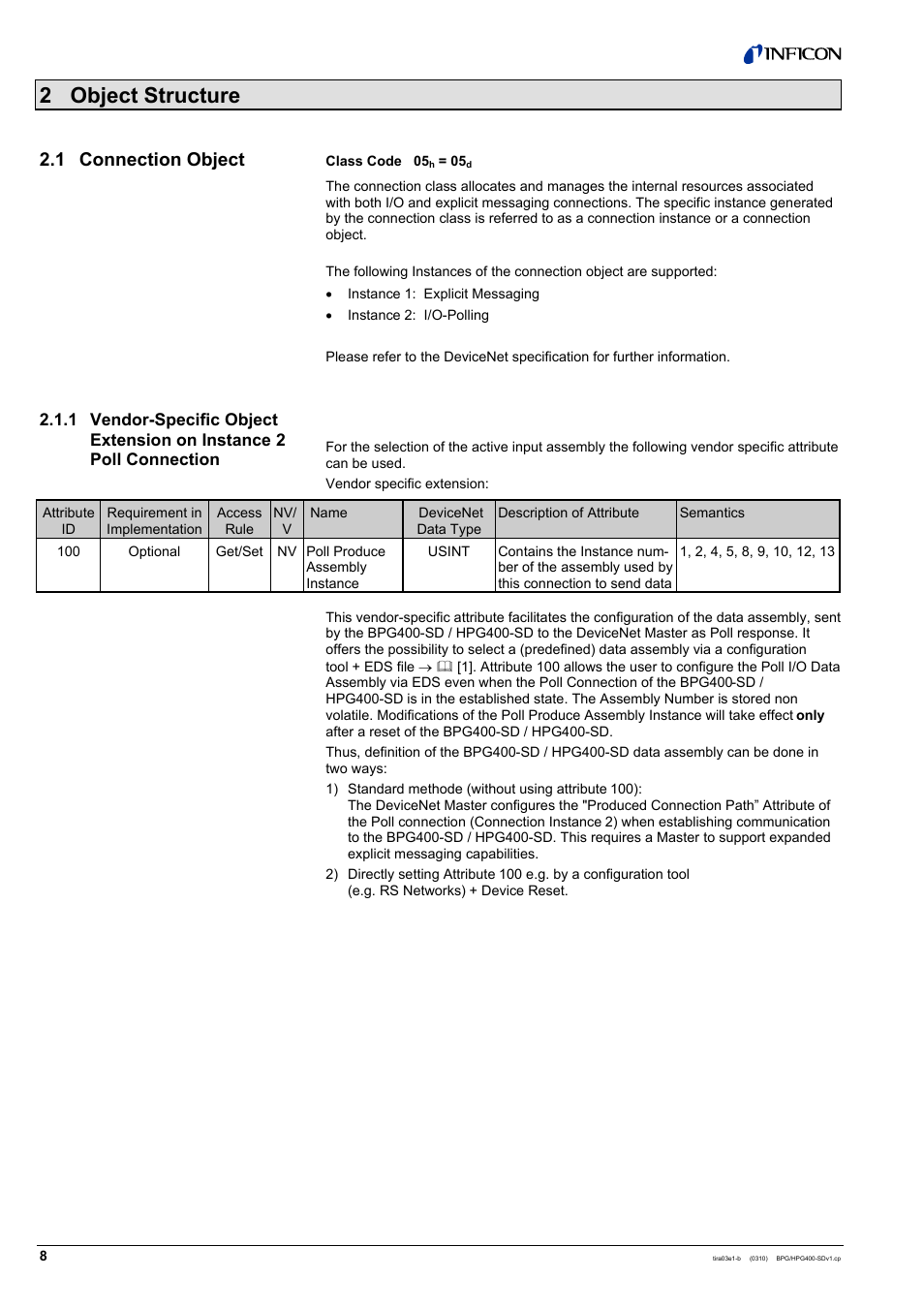 2 object structure, 1 connection object | INFICON HPG400-SD ATM to High-Vacuum Gauge (DeviceNet) User Manual | Page 8 / 36