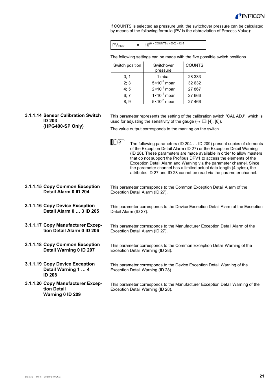 INFICON HPG400-SP ATM to High-Vacuum Gauge (Profibus) User Manual | Page 21 / 44