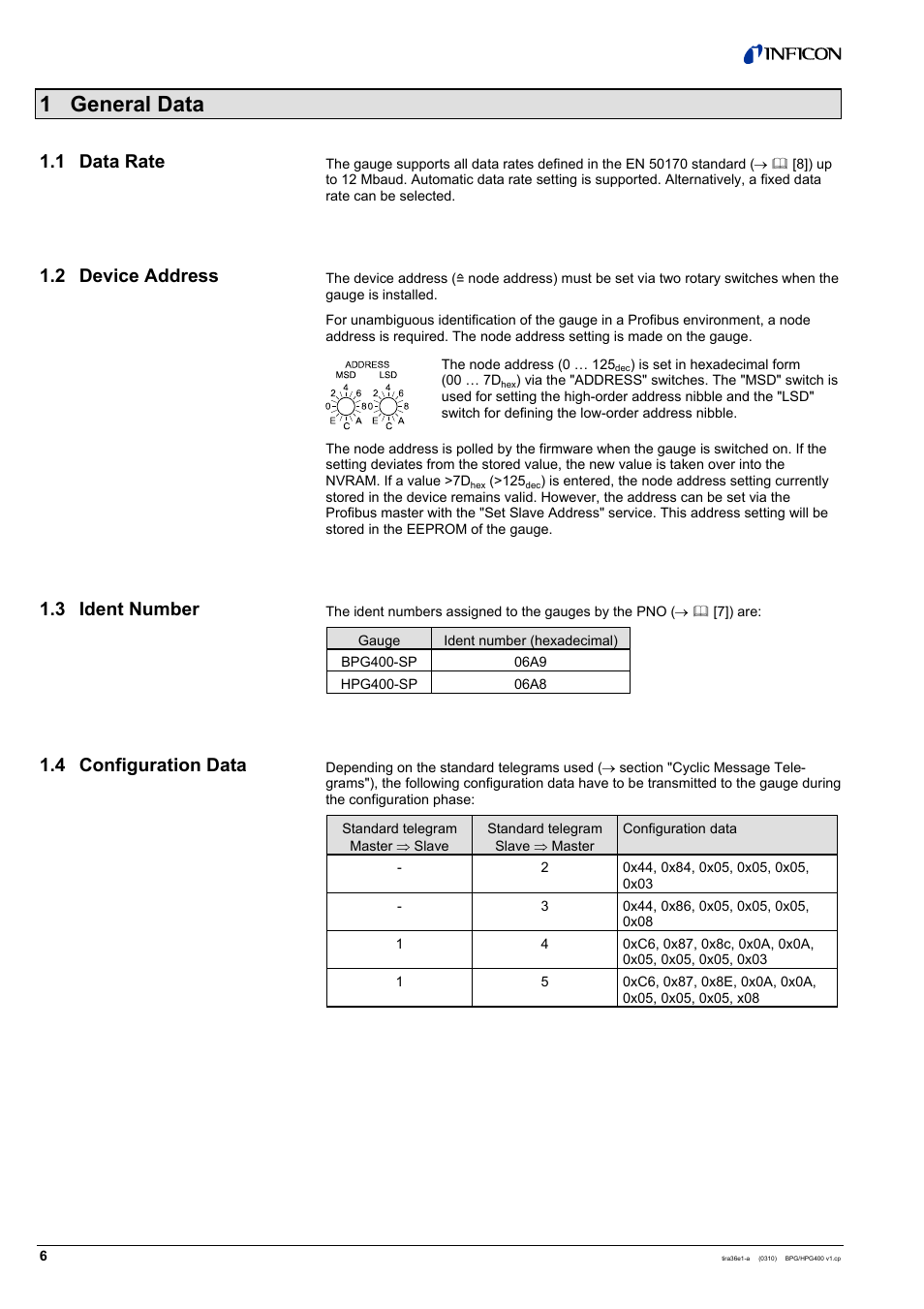 1 general data | INFICON HPG400-SP ATM to High-Vacuum Gauge (Profibus) User Manual | Page 6 / 44