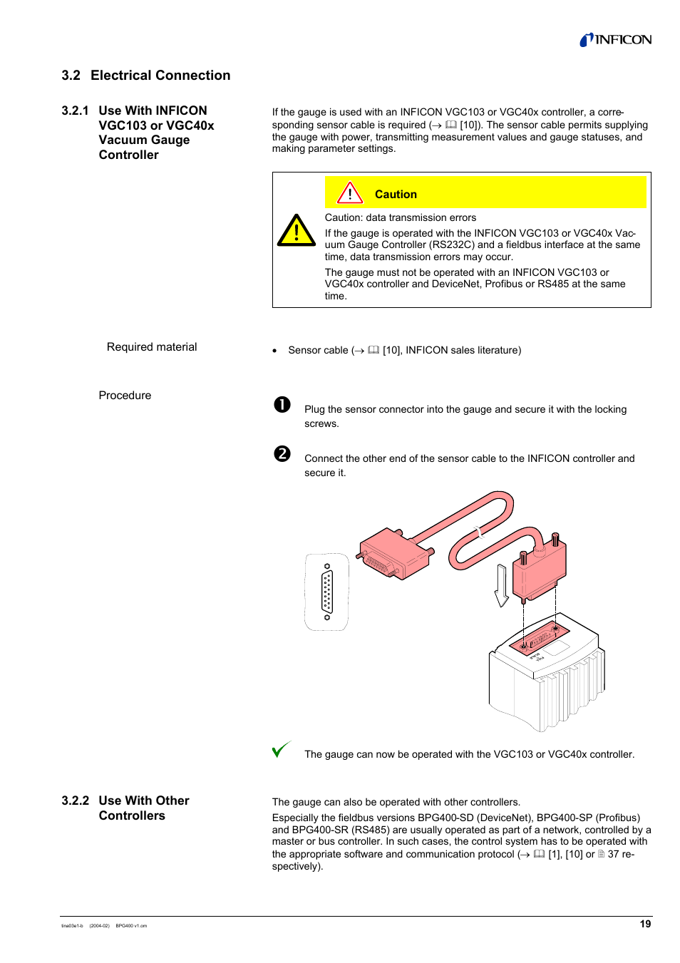 2 electrical connection | INFICON BPG400 ATM to Ultra-High Vacuum Gauge User Manual | Page 19 / 60