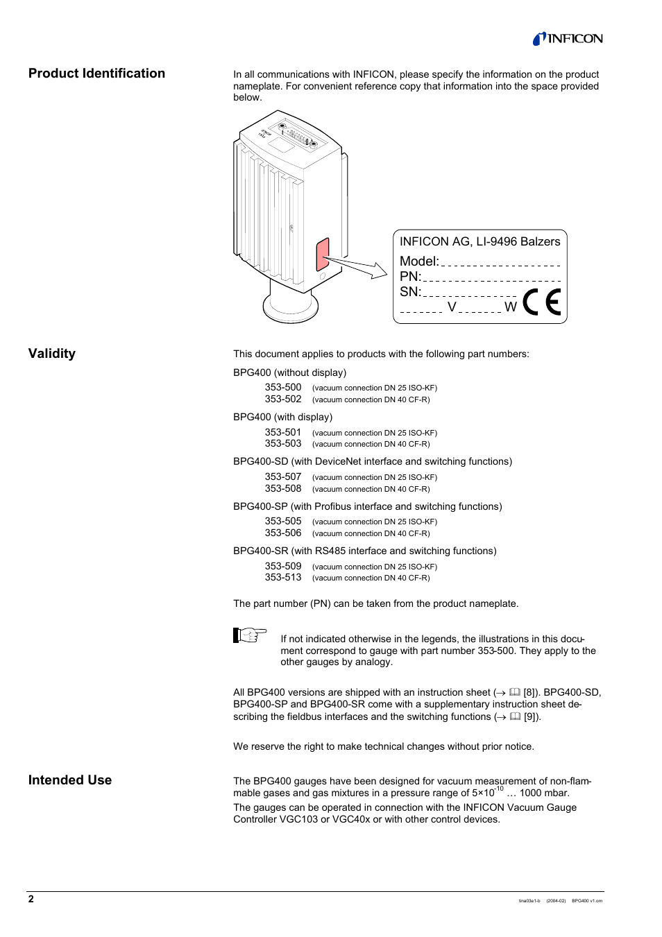 Model: pn: sn: v w, Product identification validity intended use | INFICON BPG400 ATM to Ultra-High Vacuum Gauge User Manual | Page 2 / 60