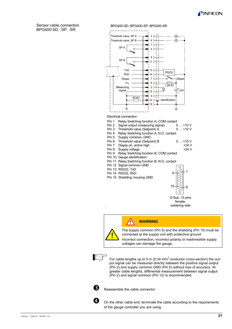 Warning, Sensor cable connection bpg400-sd, -sp, -sr | INFICON BPG400 ATM to Ultra-High Vacuum Gauge User Manual | Page 21 / 60