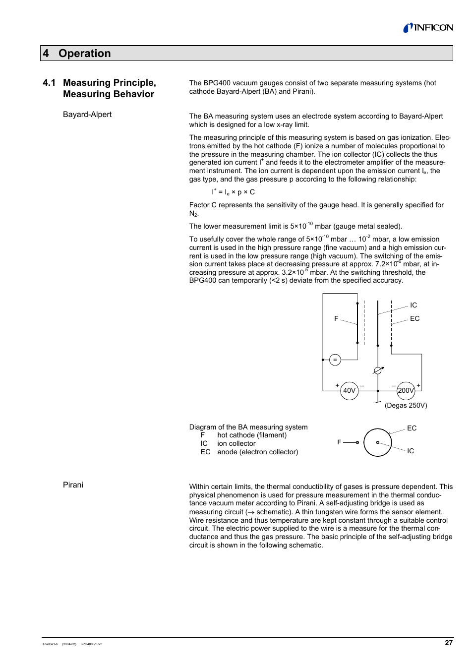 4 operation, 1 measuring principle, measuring behavior | INFICON BPG400 ATM to Ultra-High Vacuum Gauge User Manual | Page 27 / 60