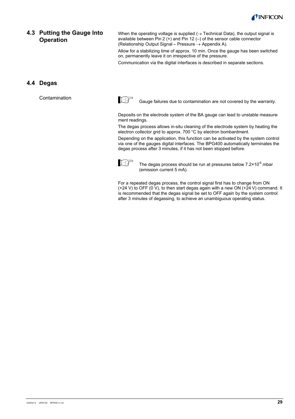 3 putting the gauge into operation 4.4 degas | INFICON BPG400 ATM to Ultra-High Vacuum Gauge User Manual | Page 29 / 60