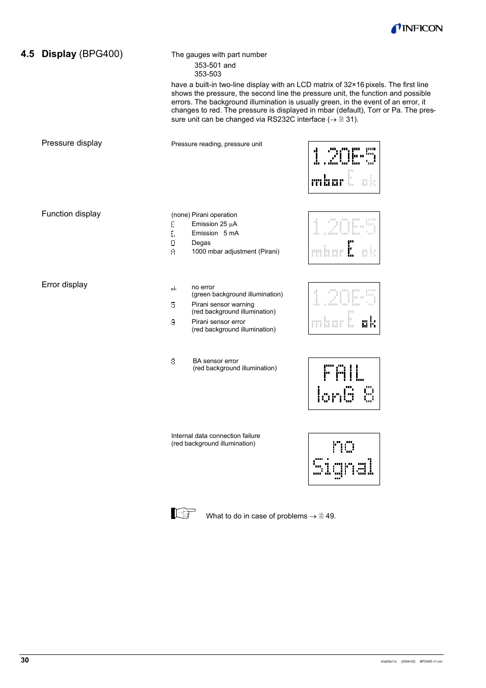 5 display (bpg400) | INFICON BPG400 ATM to Ultra-High Vacuum Gauge User Manual | Page 30 / 60