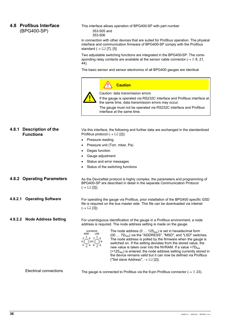 8 profibus interface (bpg400-sp) | INFICON BPG400 ATM to Ultra-High Vacuum Gauge User Manual | Page 36 / 60
