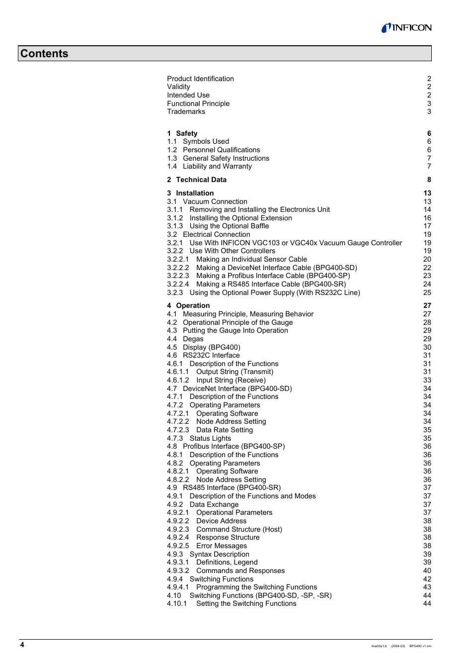 INFICON BPG400 ATM to Ultra-High Vacuum Gauge User Manual | Page 4 / 60