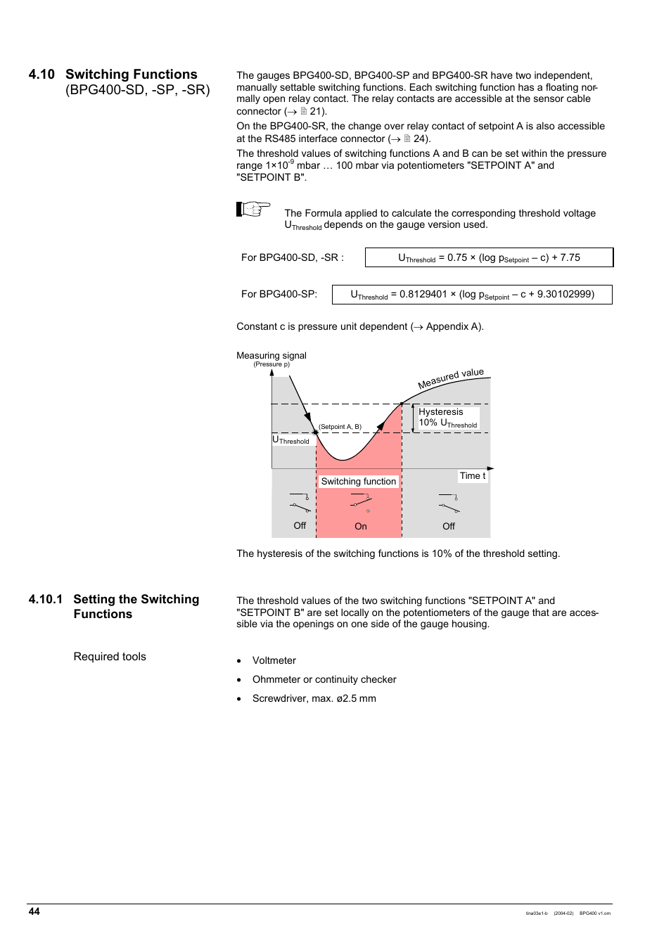 1 setting the switching functions | INFICON BPG400 ATM to Ultra-High Vacuum Gauge User Manual | Page 44 / 60