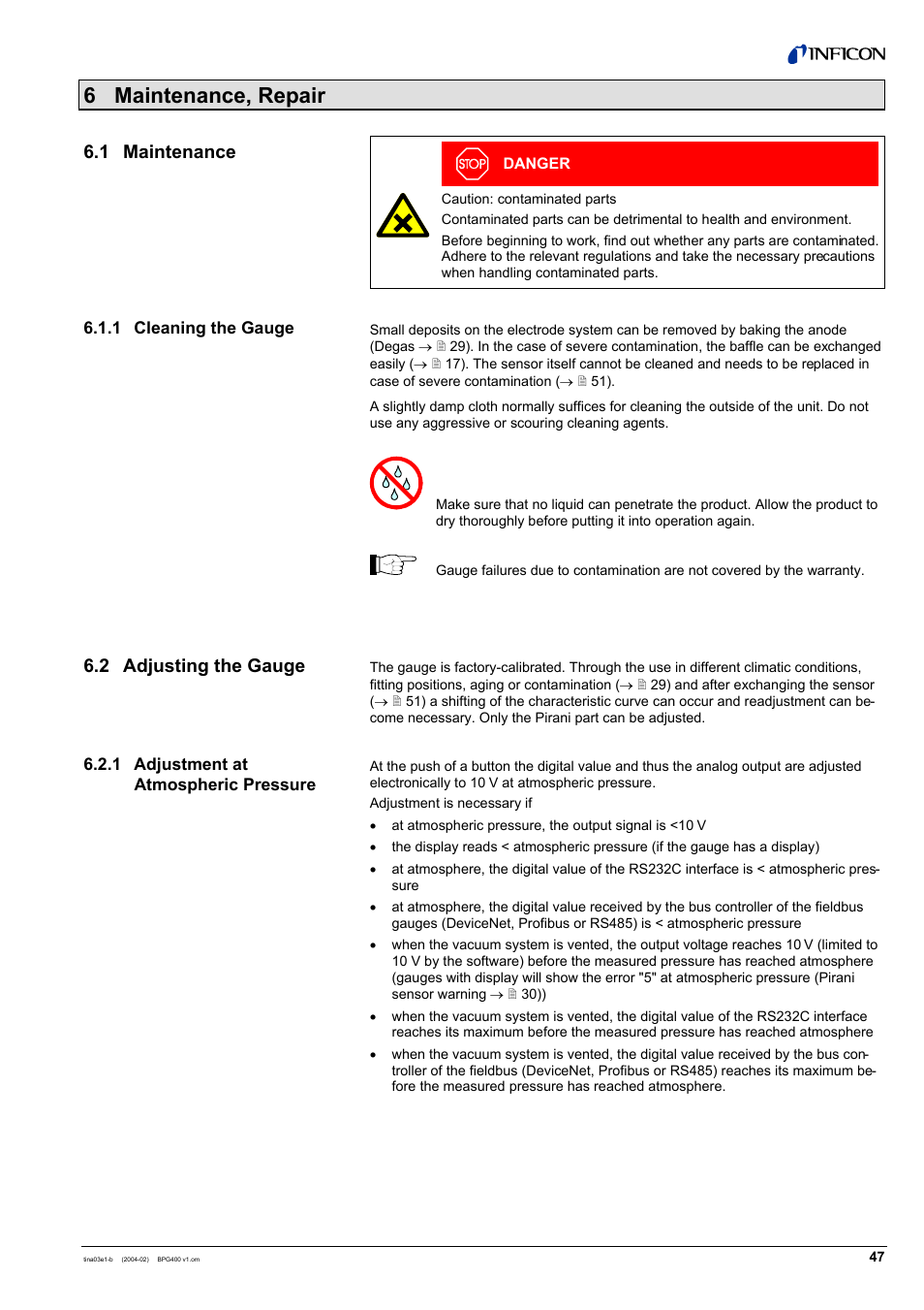 6 maintenance, repair, 1 maintenance, 2 adjusting the gauge | INFICON BPG400 ATM to Ultra-High Vacuum Gauge User Manual | Page 47 / 60