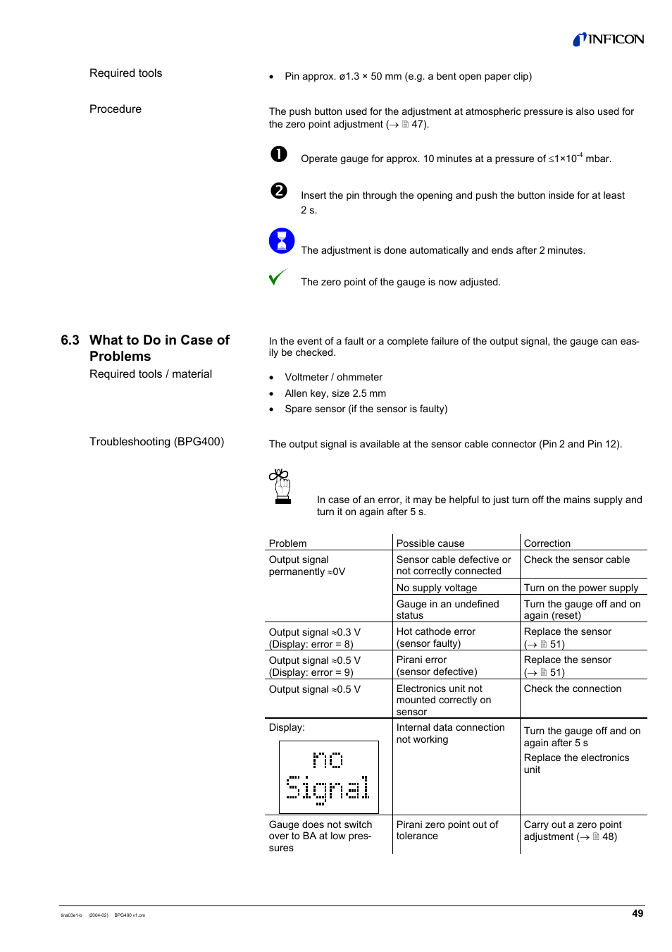 3 what to do in case of problems | INFICON BPG400 ATM to Ultra-High Vacuum Gauge User Manual | Page 49 / 60