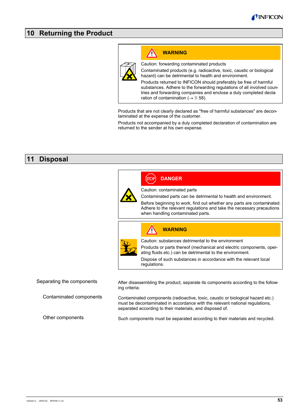10 returning the product, 11 disposal | INFICON BPG400 ATM to Ultra-High Vacuum Gauge User Manual | Page 53 / 60