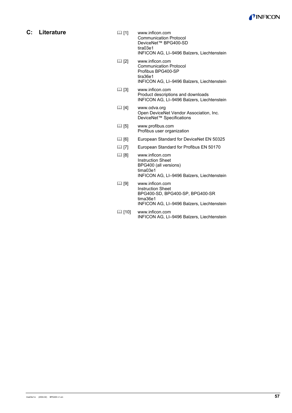 C: literature | INFICON BPG400 ATM to Ultra-High Vacuum Gauge User Manual | Page 57 / 60
