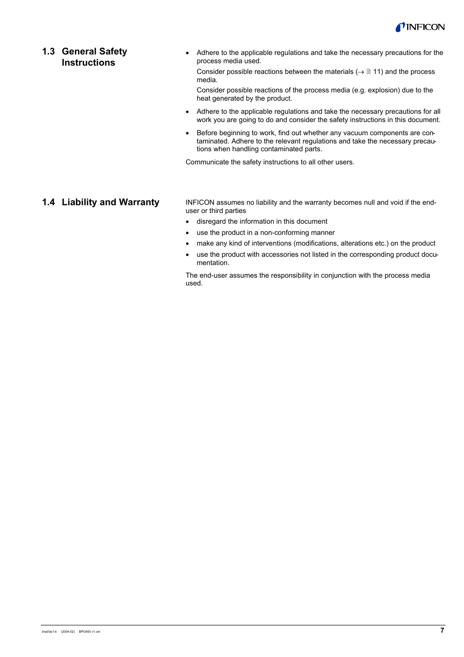 INFICON BPG400 ATM to Ultra-High Vacuum Gauge User Manual | Page 7 / 60