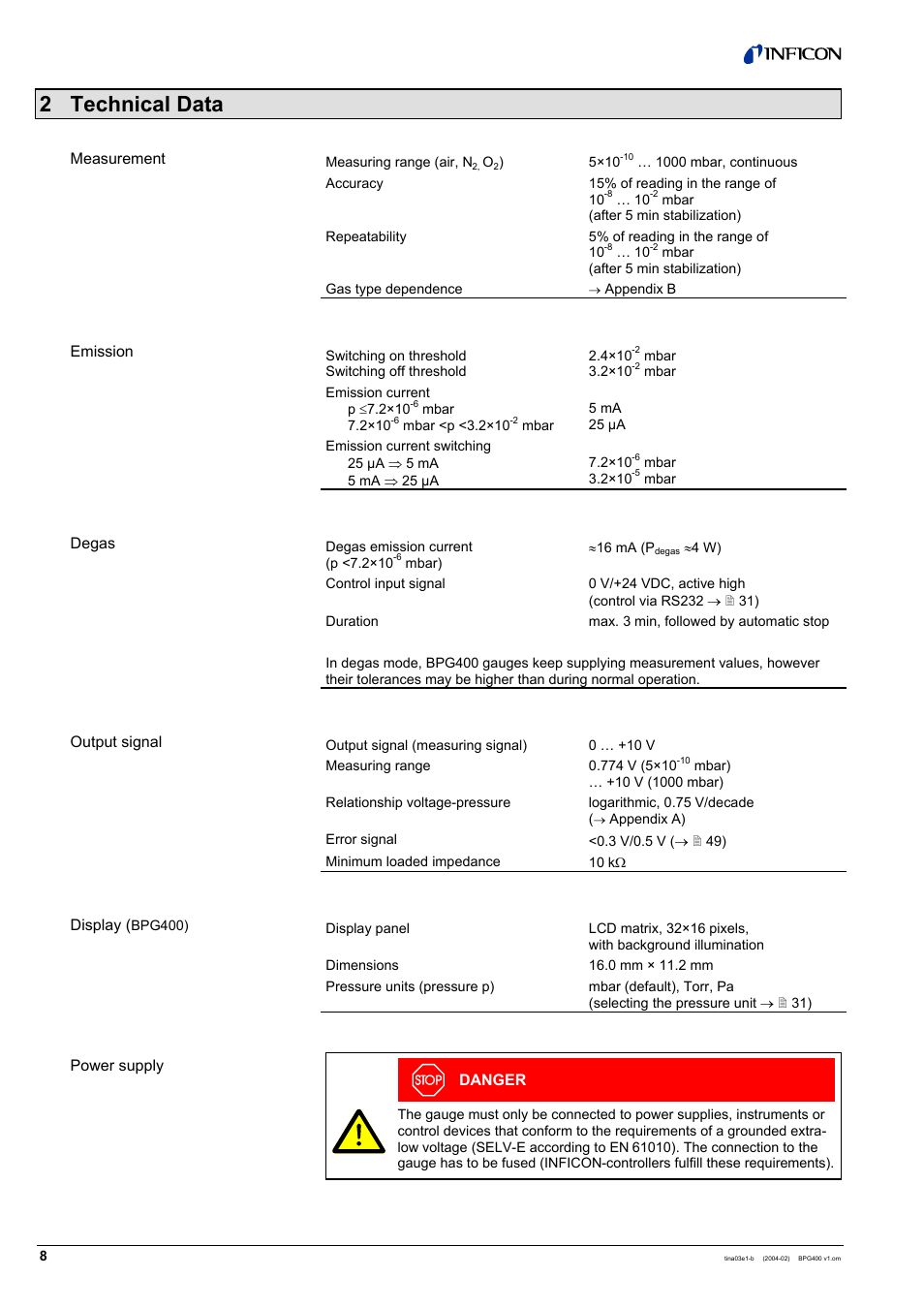 2 technical data | INFICON BPG400 ATM to Ultra-High Vacuum Gauge User Manual | Page 8 / 60