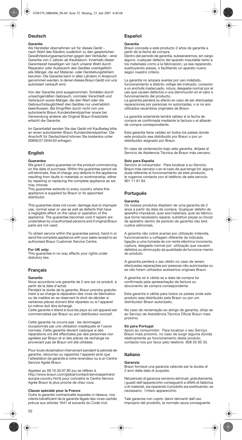 Braun MR 6550 BC-HC User Manual | Page 52 / 56