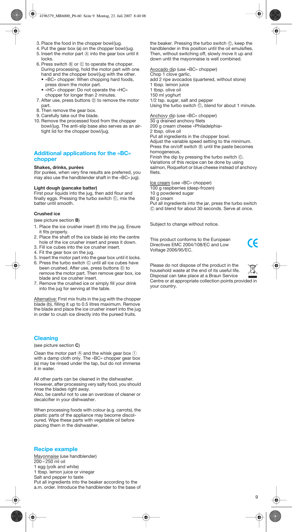 Additional applications for the «bc» chopper, Cleaning, Recipe example | Braun MR 6550 BC-HC User Manual | Page 9 / 56