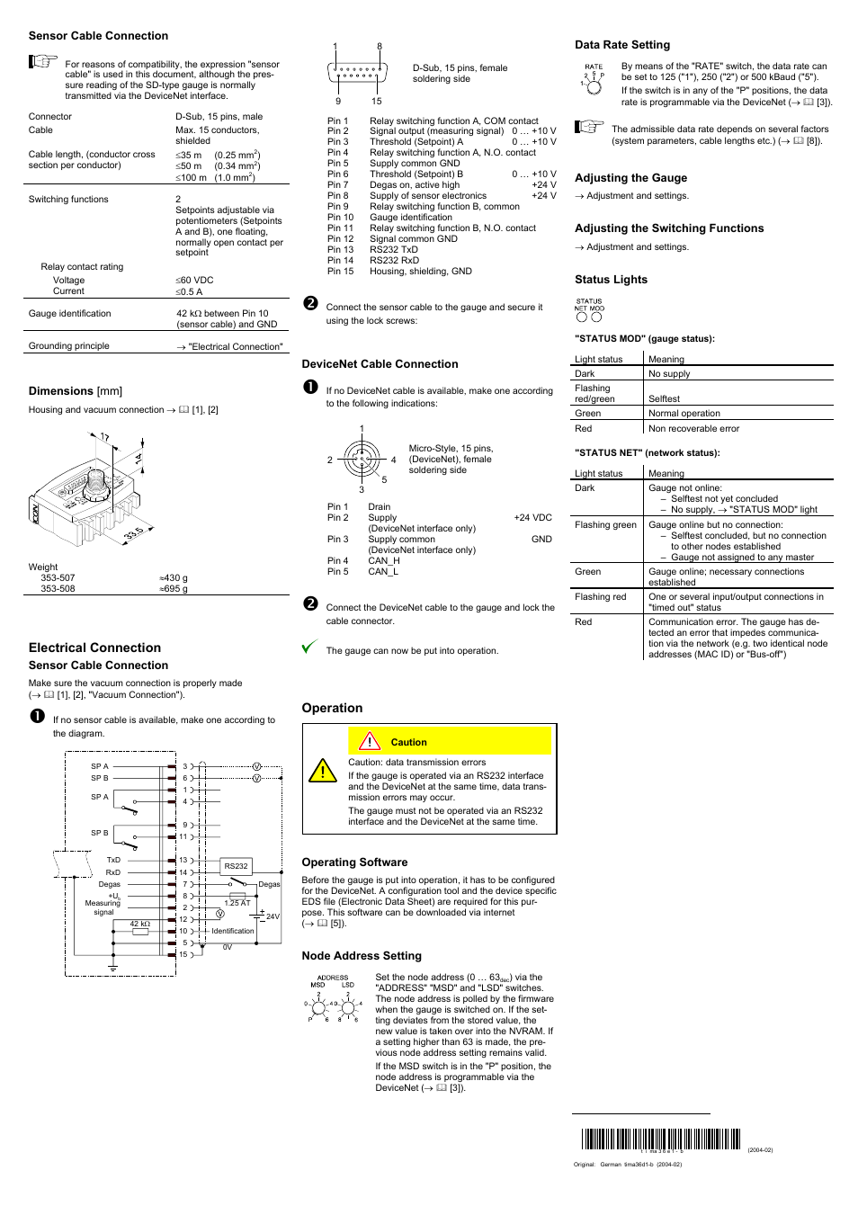 Electrical connection, Operation | INFICON BPG400 ATM to Ultra-High Vacuum Gauge User Manual | Page 2 / 4