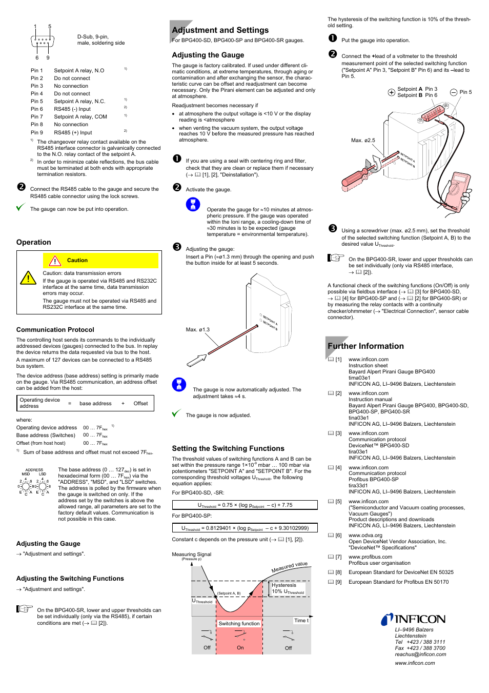 Adjustment and settings, Further information, Operation | Adjusting the gauge, Setting the switching functions | INFICON BPG400 ATM to Ultra-High Vacuum Gauge User Manual | Page 4 / 4