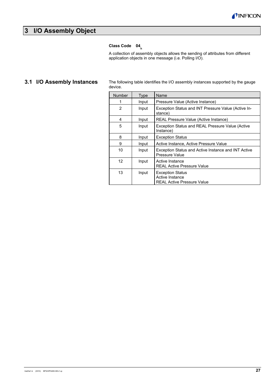 3 i/o assembly object, 1 i/o assembly instances | INFICON HPG400-SD ATM to Ultra-High Vacuum Gauge (DeviceNet) User Manual | Page 27 / 36