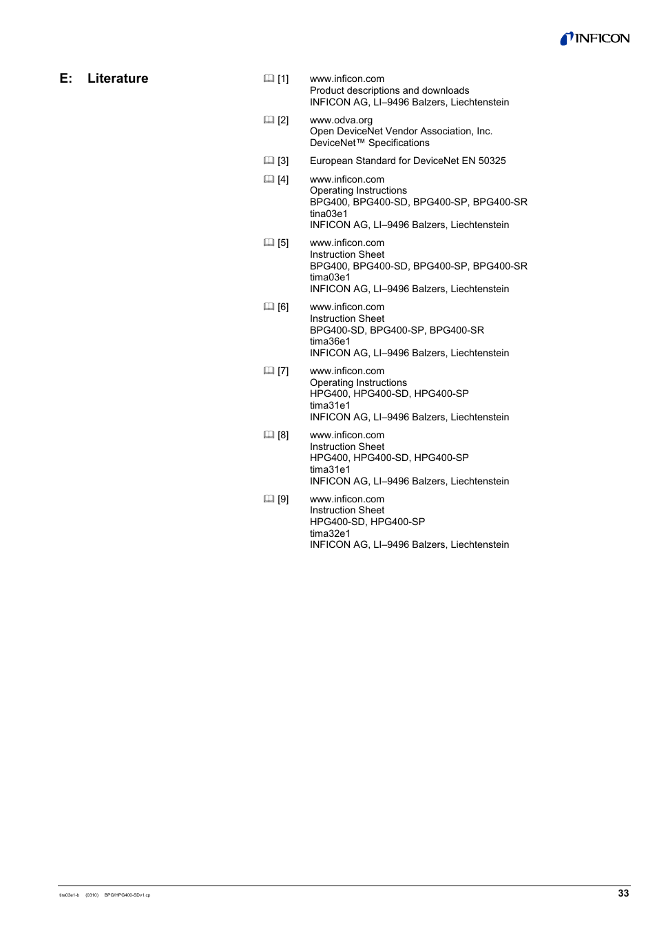 E: literature | INFICON HPG400-SD ATM to Ultra-High Vacuum Gauge (DeviceNet) User Manual | Page 33 / 36