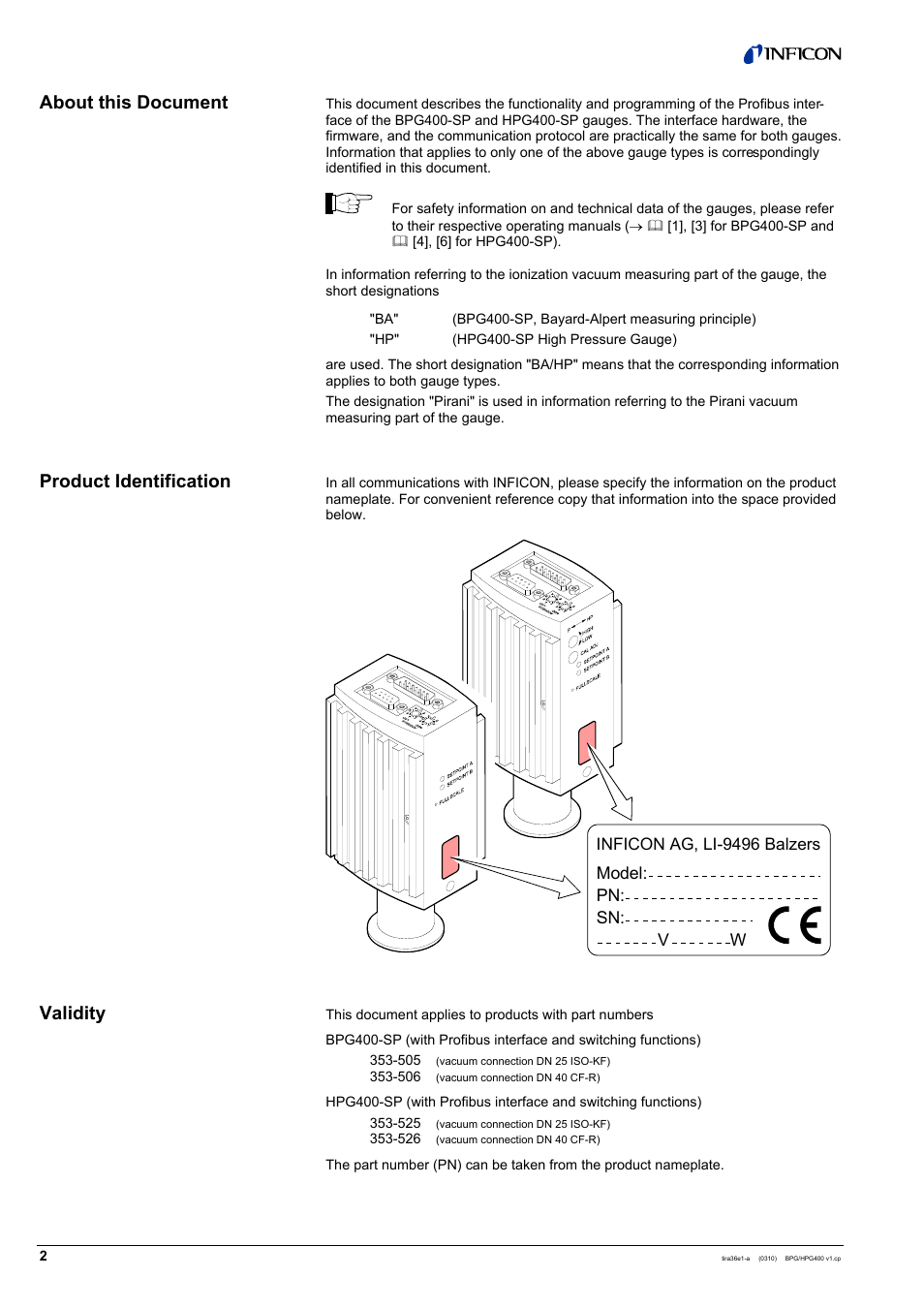 INFICON HPG400-SP ATM to Ultra-High Vacuum Gauge (Profibus) User Manual | Page 2 / 44