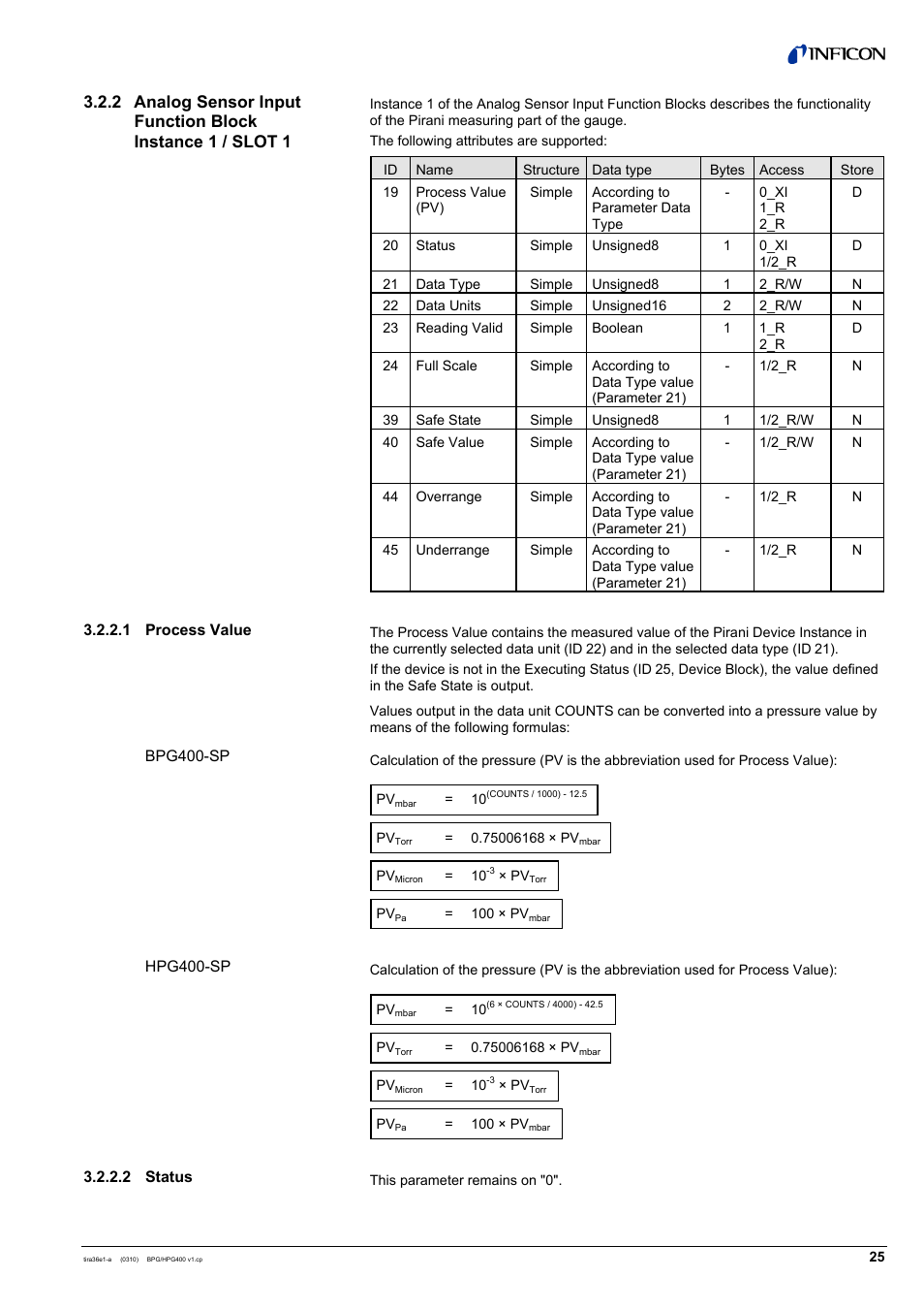 INFICON HPG400-SP ATM to Ultra-High Vacuum Gauge (Profibus) User Manual | Page 25 / 44