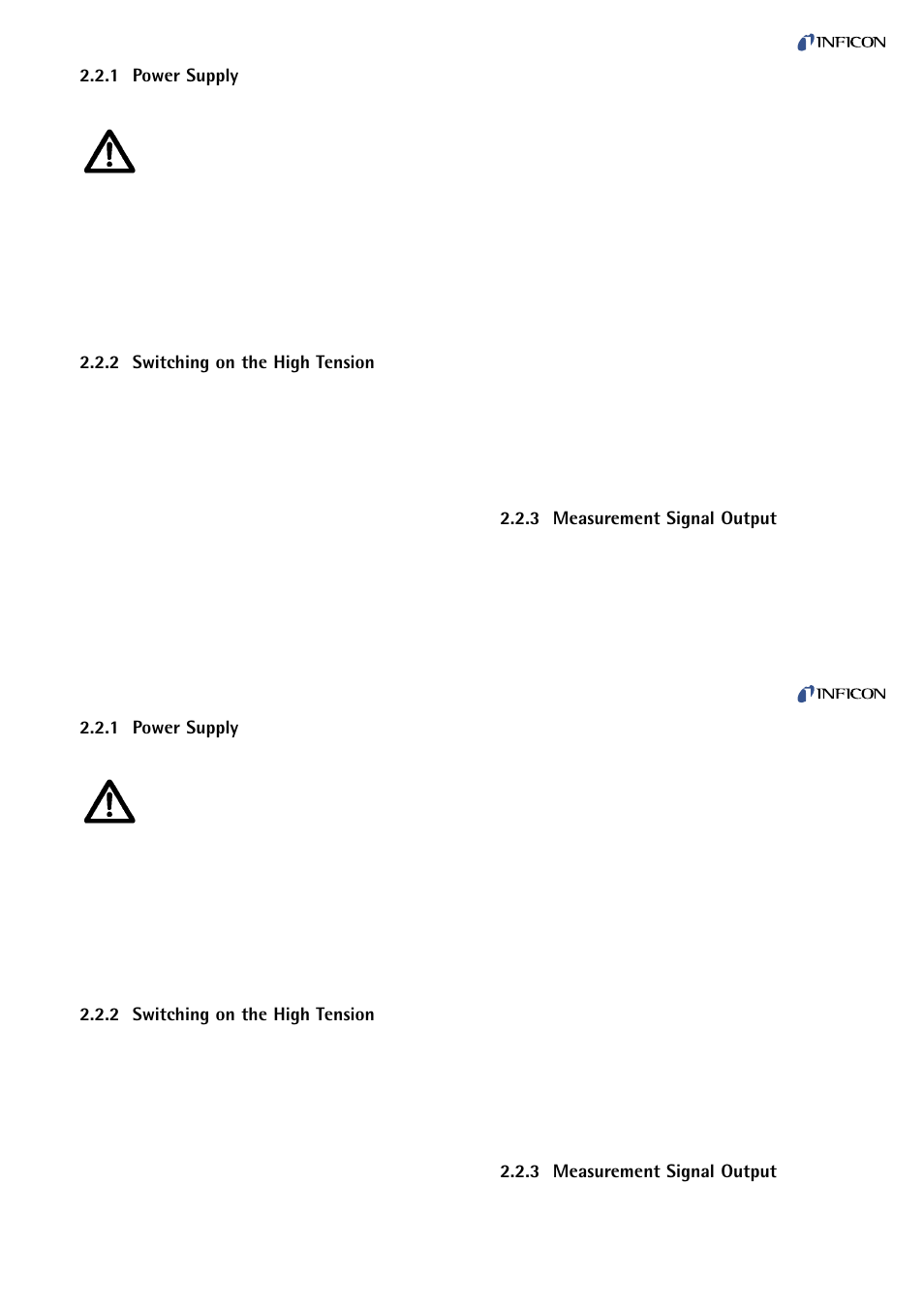 Power supply, Switching on the high tension, Measurement signal output | INFICON PEG100 Medium to Ultra-High Vacuum Gauge User Manual | Page 11 / 26