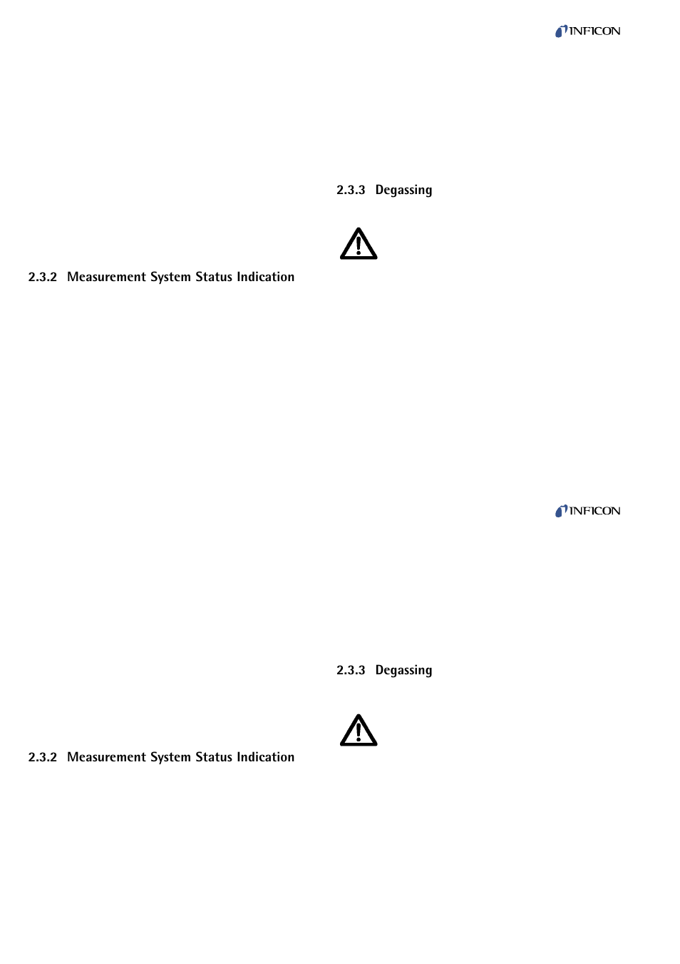 Measurement system status indication, Degassing, 2 measurement system status indication | 3 degassing caution, Caution | INFICON PEG100 Medium to Ultra-High Vacuum Gauge User Manual | Page 14 / 26