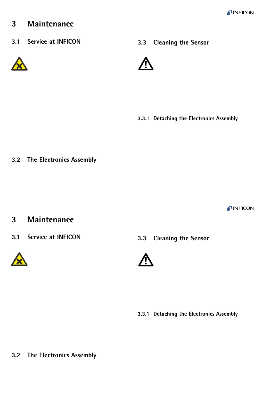 Maintenance, Service at inficon, The electronics assembly | Cleaning the sensor, Detaching the electronics assembly, 3maintenance | INFICON PEG100 Medium to Ultra-High Vacuum Gauge User Manual | Page 16 / 26