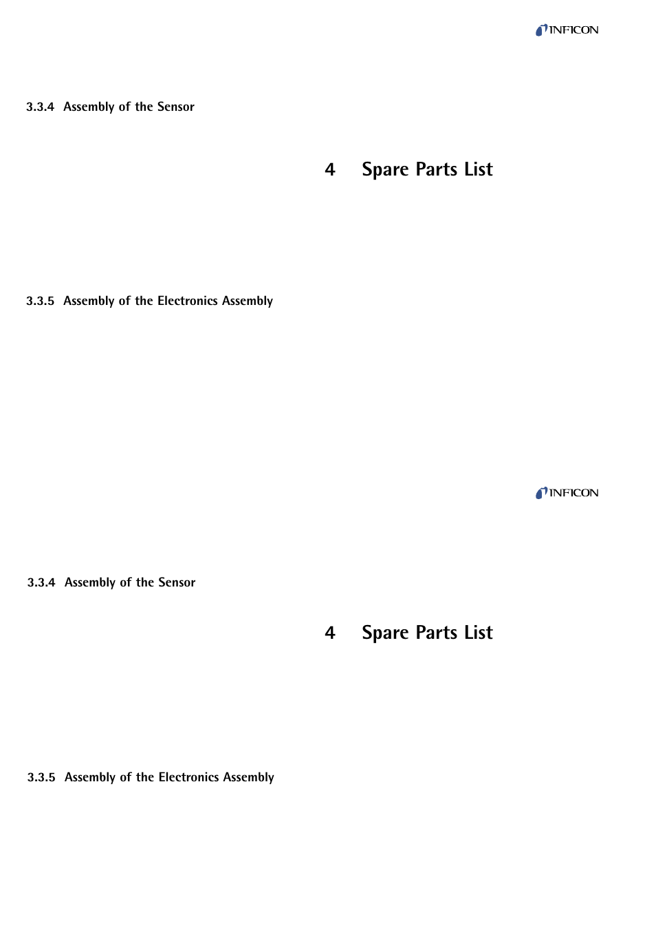 Assembly of the sensor, Assembly of the electronics assembly, Spare parts list | 4spare parts list | INFICON PEG100 Medium to Ultra-High Vacuum Gauge User Manual | Page 18 / 26