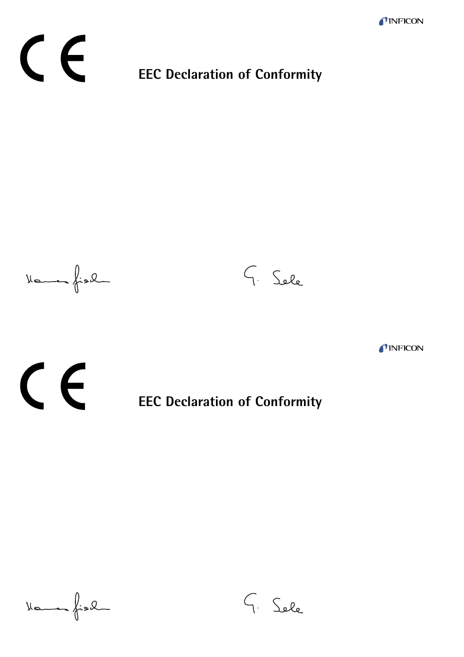 Eec declaration of conformity | INFICON PEG100 Medium to Ultra-High Vacuum Gauge User Manual | Page 24 / 26