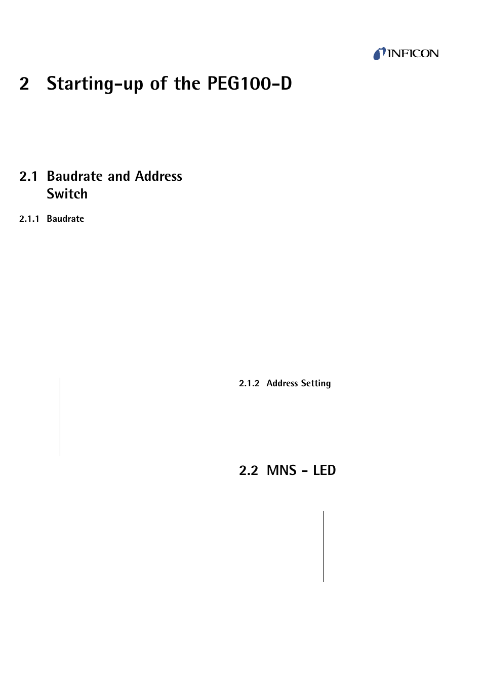 Starting-up of the peg100-d, Baudrate and address switch, Baudrate | Address setting, Mns - led, 2 starting-up of the peg100-d, 2 mns - led, 1 baudrate and address switch | INFICON PEG100-D Medium to Ultra-High Vacuum Gauge User Manual | Page 4 / 14