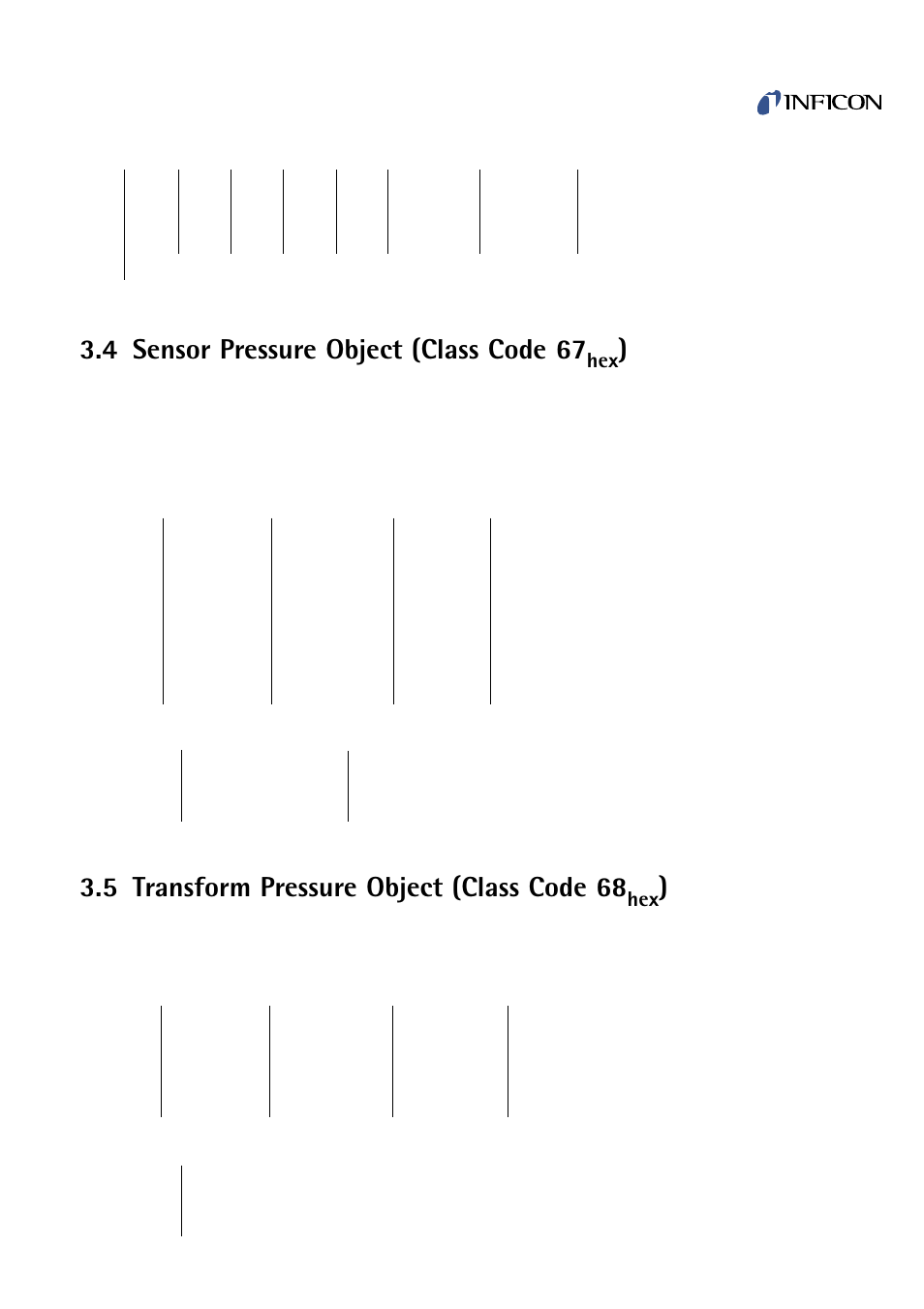 Sensor pressure object (class code 67 hex ), Transform pressure object (class code 68 hex ), 4 sensor pressure object (class code 67 | 5 transform pressure object (class code 68 | INFICON PEG100-D Medium to Ultra-High Vacuum Gauge User Manual | Page 7 / 14
