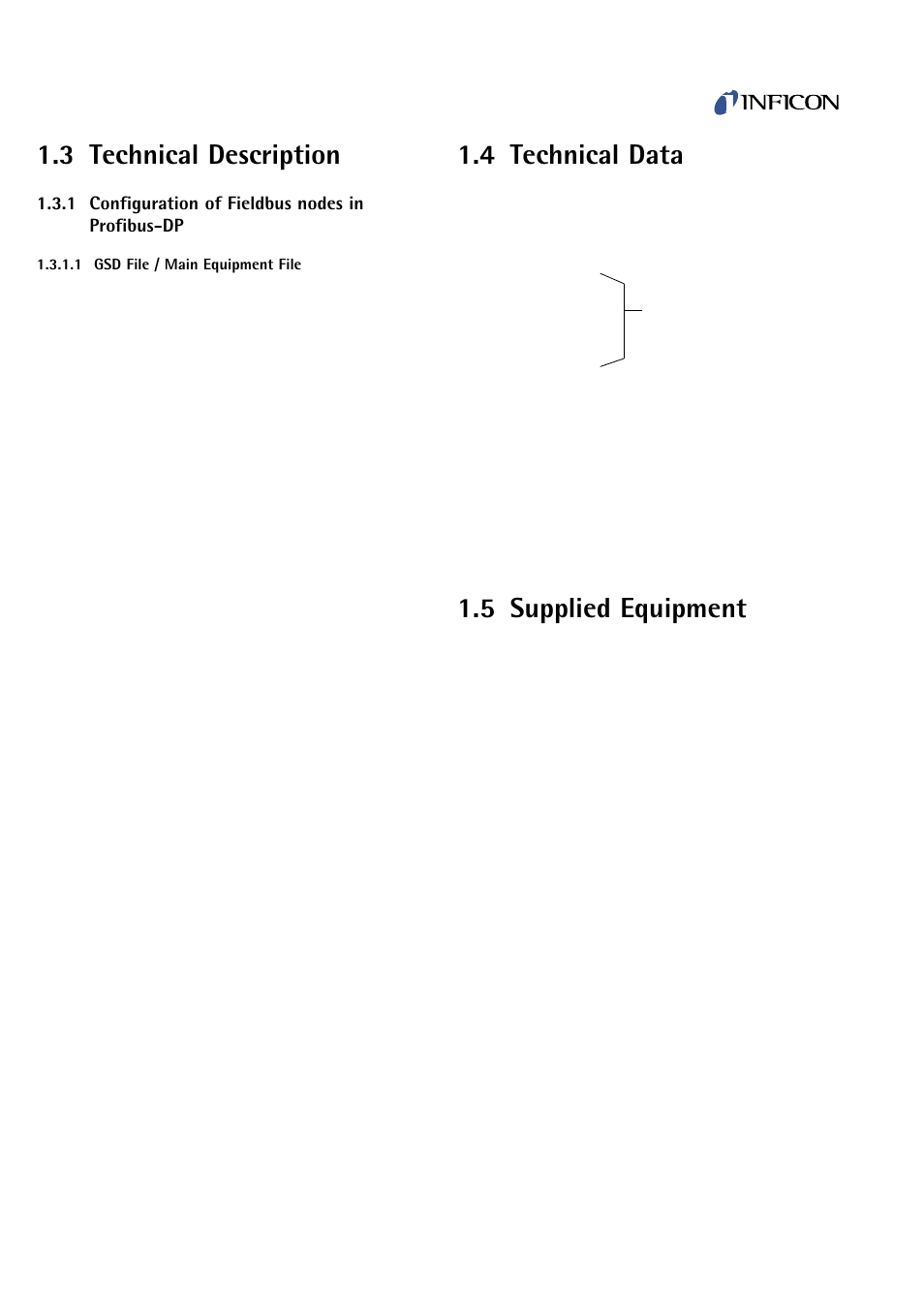 Technical description, Configuration of fieldbus nodes in profibus-dp, Gsd file / main equipment file | Technical data, Supplied equipment, 3 technical description, 4 technical data, 5 supplied equipment | INFICON PEG100-P Medium to Ultra-High Vacuum Gauge User Manual | Page 4 / 10