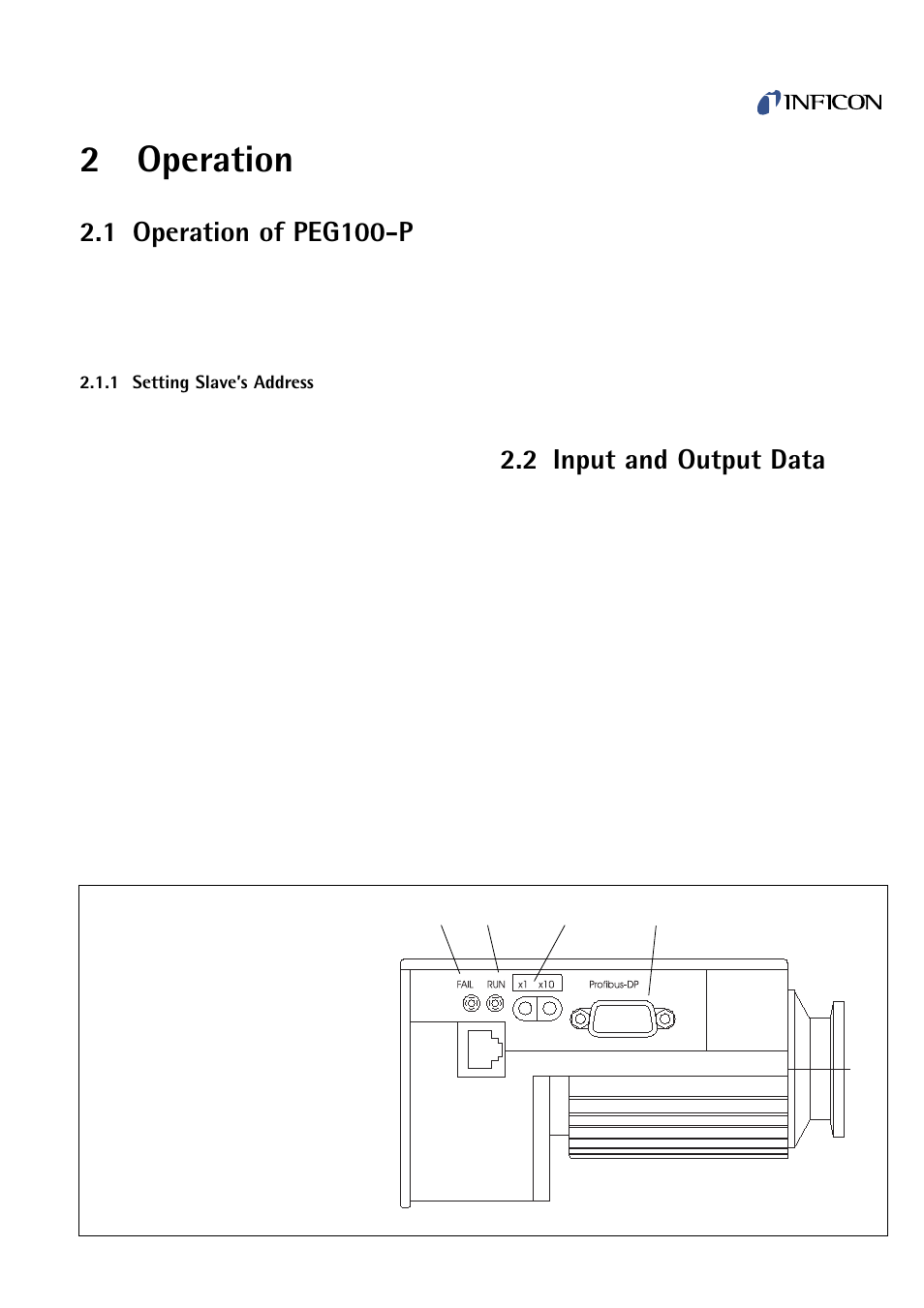 Operation, Operation of peg100-p, Setting slave’s address | Input and output data, 2operation, 1 operation of peg100-p, 2 input and output data | INFICON PEG100-P Medium to Ultra-High Vacuum Gauge User Manual | Page 5 / 10