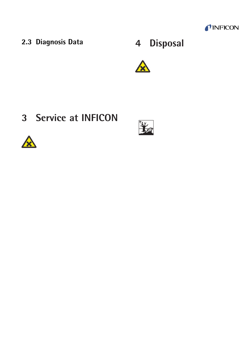 Diagnosis data, Service at inficon, Disposal | 3 service at inficon, 4 disposal, 3 diagnosis data | INFICON PEG100-P Medium to Ultra-High Vacuum Gauge User Manual | Page 7 / 10