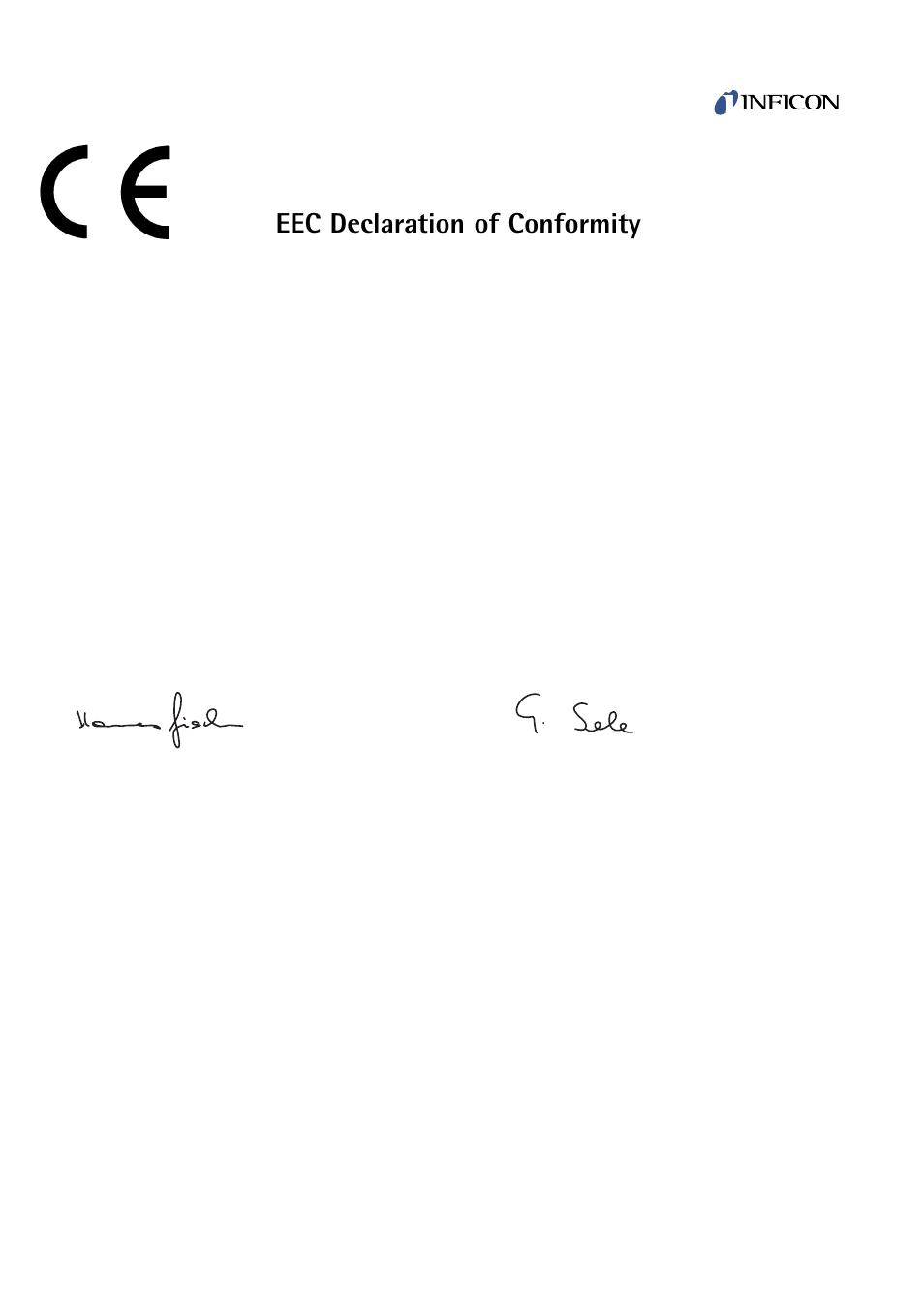 Eec declaration of conformity | INFICON PEG100-P Medium to Ultra-High Vacuum Gauge User Manual | Page 8 / 10