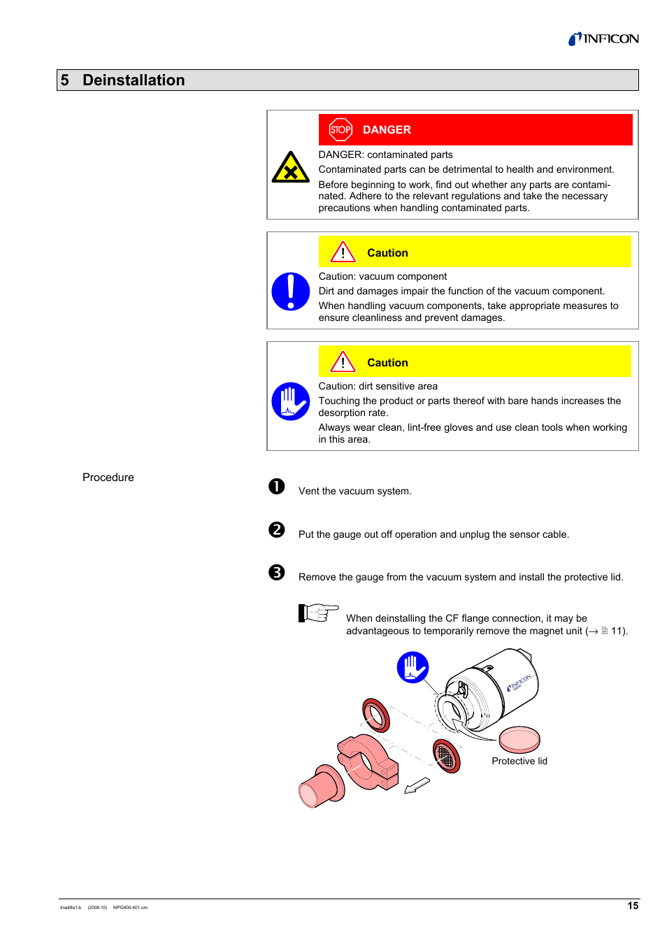 5 deinstallation | INFICON MPG40x ATM to Ultra-High Vacuum Gauge User Manual | Page 15 / 36